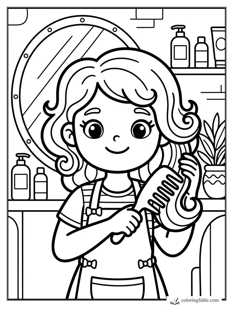 Kawaii girl brushing curly hair in a salon with mirror, bottles, and potted plant