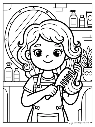 Kawaii girl brushing curly hair in a salon with mirror, bottles, and potted plant