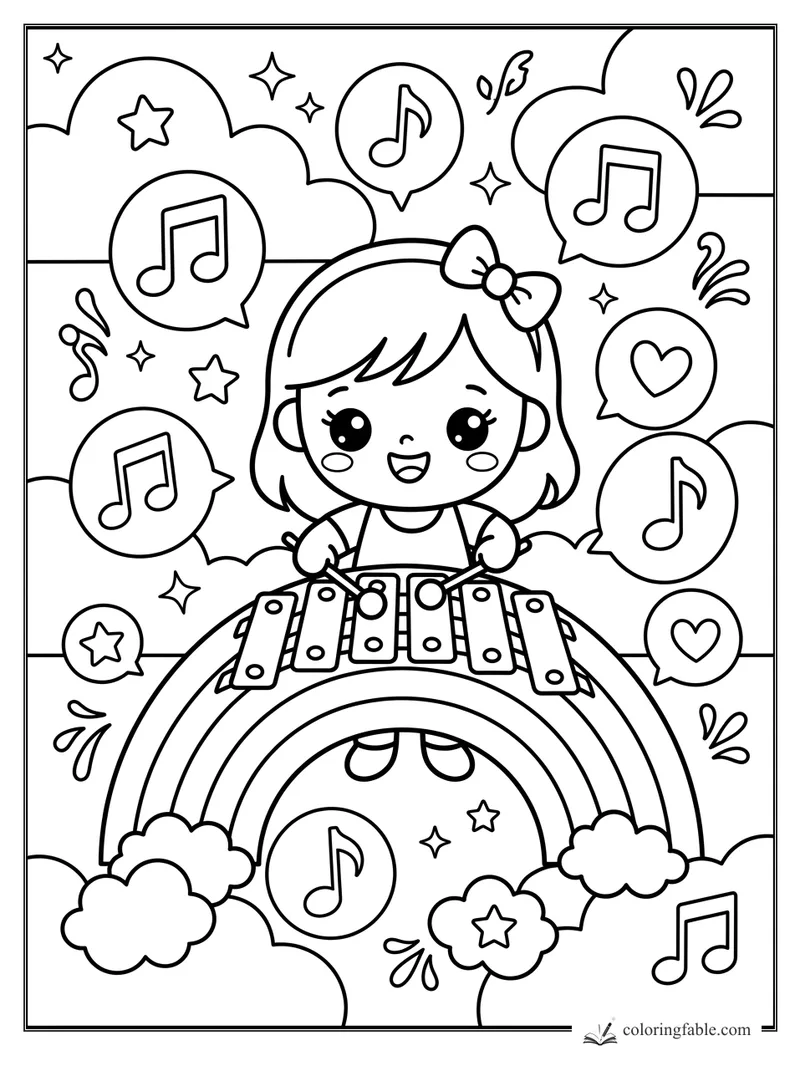 Kawaii girl with bow playing xylophone on a rainbow, surrounded by music-note and heart bubbles.