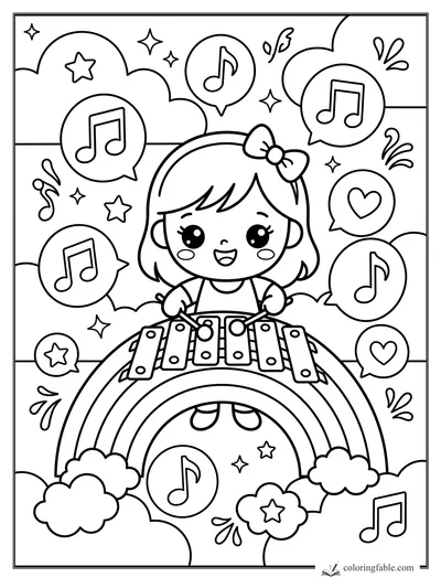 Kawaii girl with bow playing xylophone on a rainbow, surrounded by music-note and heart bubbles.