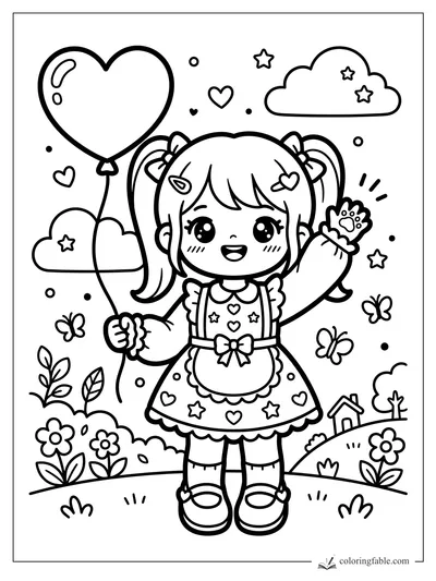 Kawaii girl waving, holding a heart balloon, with clouds, stars, butterflies, flowers, and a tiny hill house.