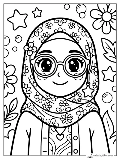 Kawaii girl in round glasses wearing a flower hijab with stars, bubbles, leaves, and daisies to color