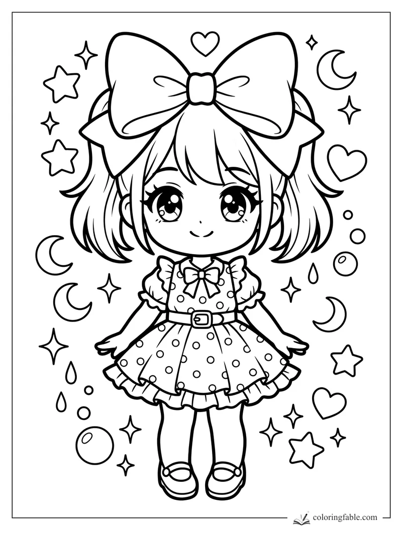 Kawaii manga girl with a giant hair bow, polka-dot dress, stars, hearts, moons, bubbles, and teardrops.