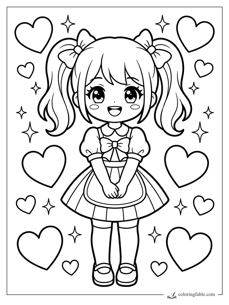 Kawaii anime girl with pigtails, big bows, heart shapes, and sparkle stars to color