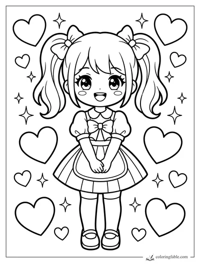 Kawaii anime girl with pigtails, big bows, heart shapes, and sparkle stars to color