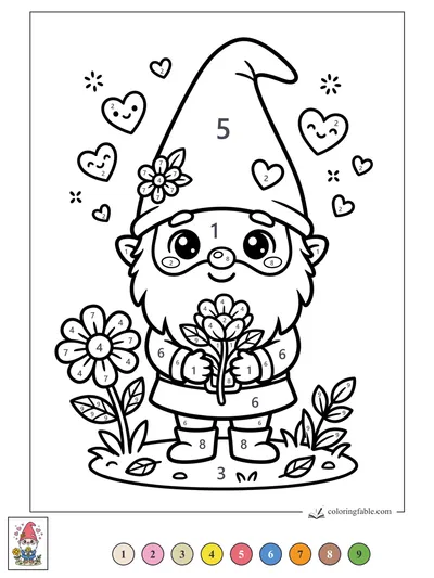 Kawaii Gnome Holding Garden Flowers — color by number