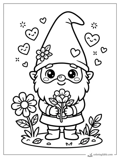 Kawaii gnome with tall hat, beard, flowers, smiling hearts, and garden leaves coloring page