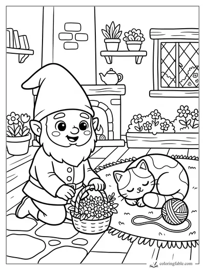 Kawaii gnome kneeling by a flower basket beside a sleeping cat, yarn ball, fireplace, plants, and window.