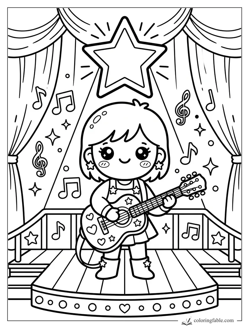 Kawaii child playing a heart-and-star guitar on a curtain stage under a glowing star