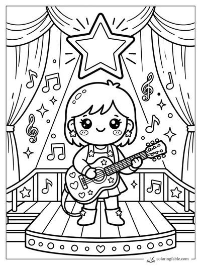 Kawaii child playing a heart-and-star guitar on a curtain stage under a glowing star