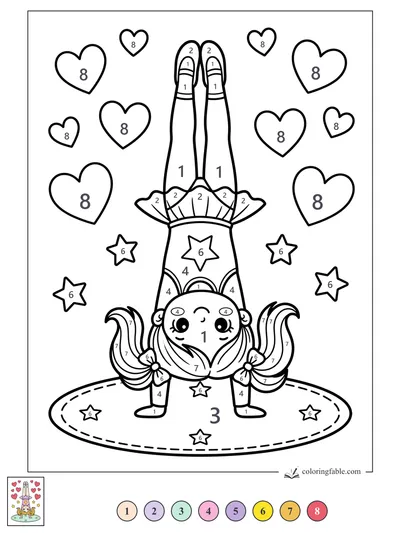 Kawaii Gymnast Handstand with Hearts — color by number