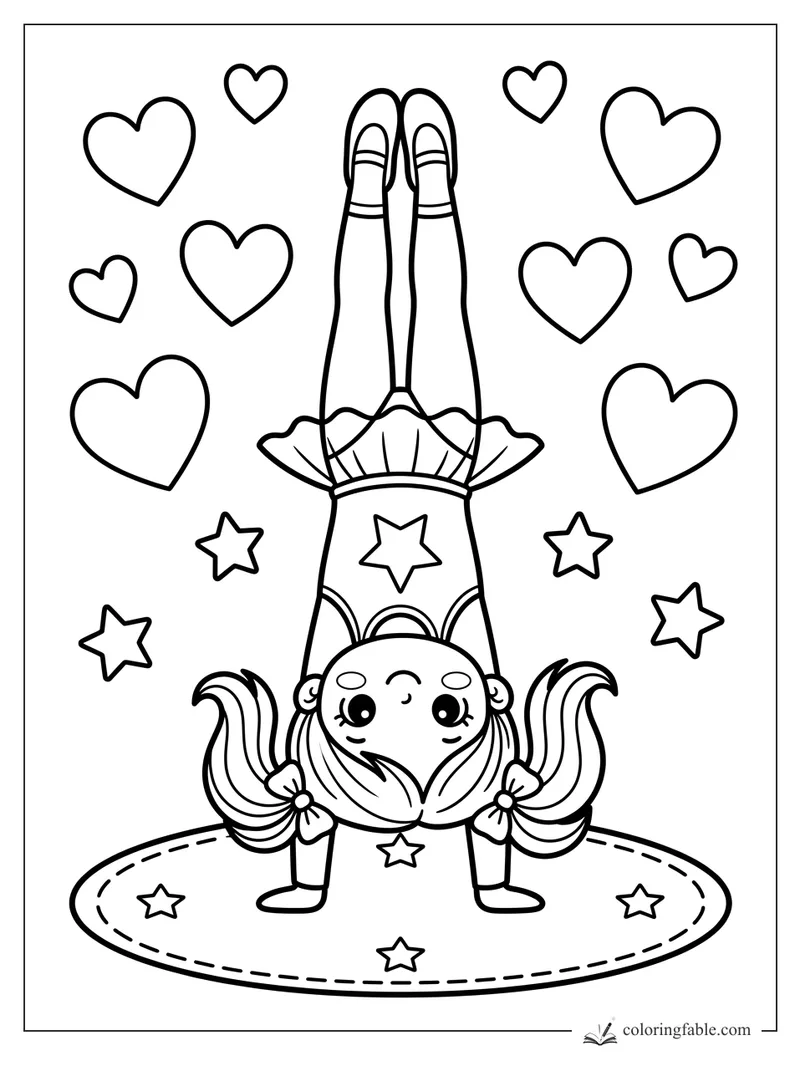 Kawaii gymnast doing a handstand on a starry mat, surrounded by hearts and stars.