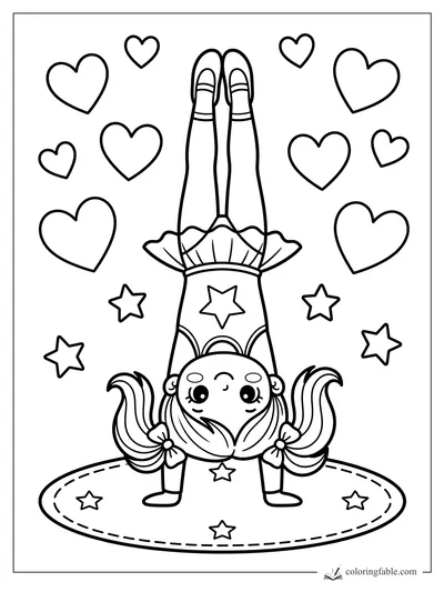 Kawaii gymnast doing a handstand on a starry mat, surrounded by hearts and stars.