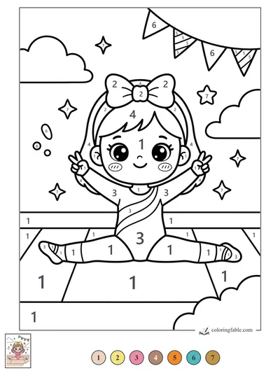 Kawaii Gymnast in a Split with Party Flags — color by number