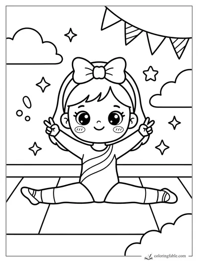 Kawaii gymnast doing a split with a bow, stars, clouds, and party bunting