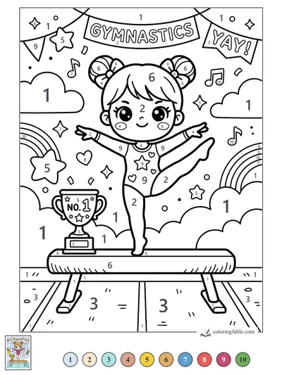 Kawaii Gymnast on the Balance Beam — color by number