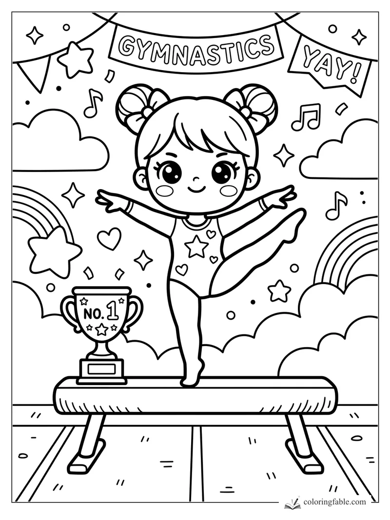 Kawaii gymnast balancing on a beam with trophy, banners, rainbows, stars, clouds, and music notes.