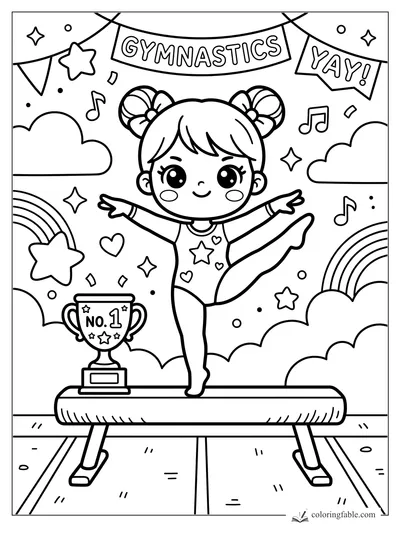 Kawaii gymnast balancing on a beam with trophy, banners, rainbows, stars, clouds, and music notes.