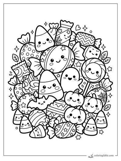 Kawaii Halloween candy pile with smiling candy corn, lollipop, ghost, bat, pumpkins, stars, and wrapped sweets