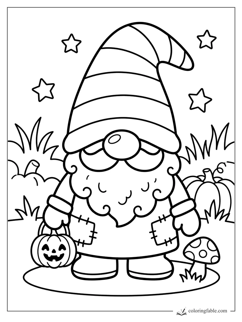 Kawaii Halloween gnome holding a jack-o'-lantern pail among stars, grass, pumpkins, and a mushroom.