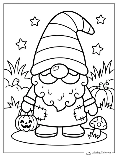 Kawaii Halloween gnome holding a jack-o'-lantern pail among stars, grass, pumpkins, and a mushroom.