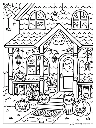 Kawaii haunted house with smiling ghosts, jack-o'-lanterns, cat, spiderwebs, stars, and porch lights