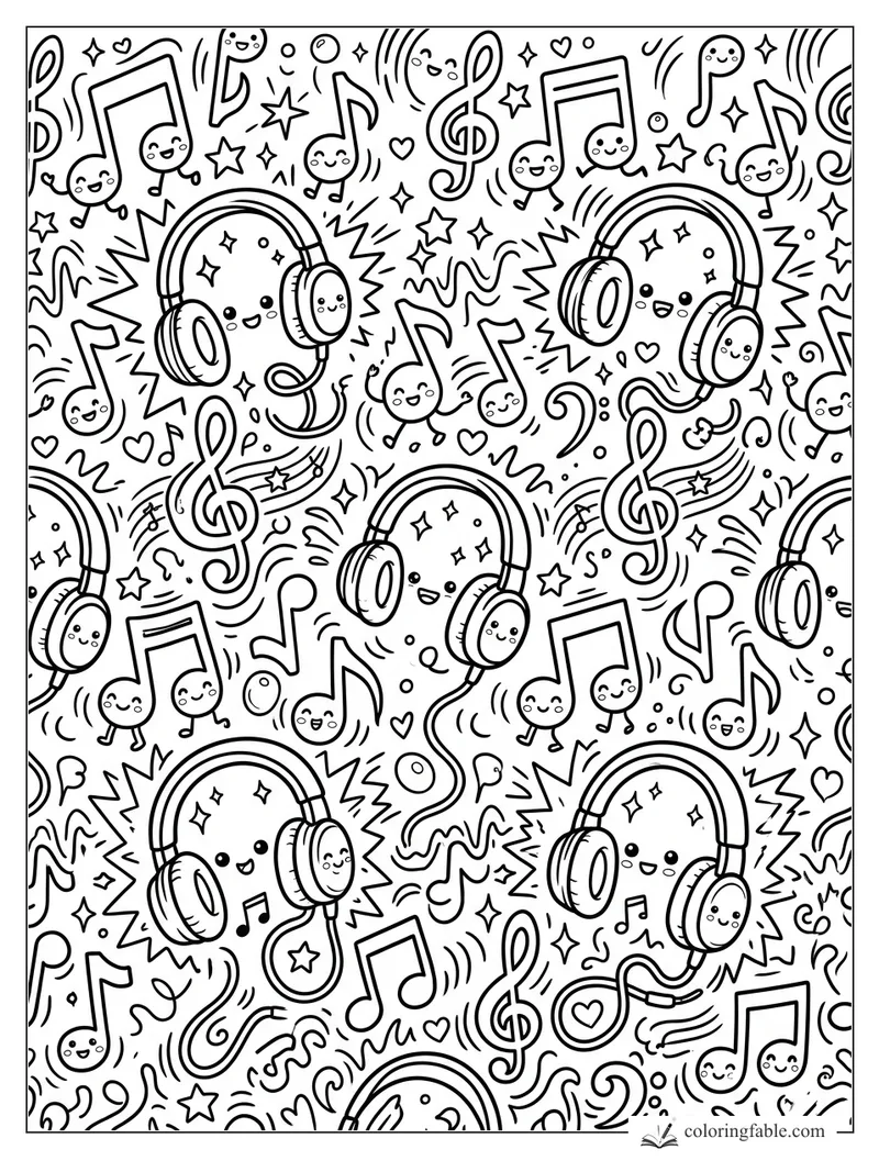 Kawaii doodle pattern with smiling headphones, music notes, treble clefs, stars, hearts, and sound waves.