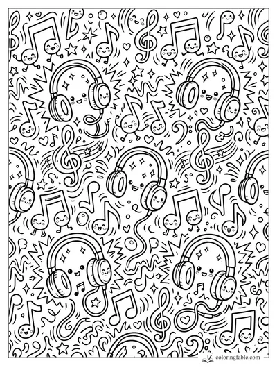 Kawaii doodle pattern with smiling headphones, music notes, treble clefs, stars, hearts, and sound waves.