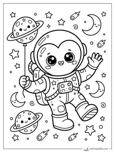 Kawaii heart astronaut waving in space with a planet balloon, moons, comets, and stars
