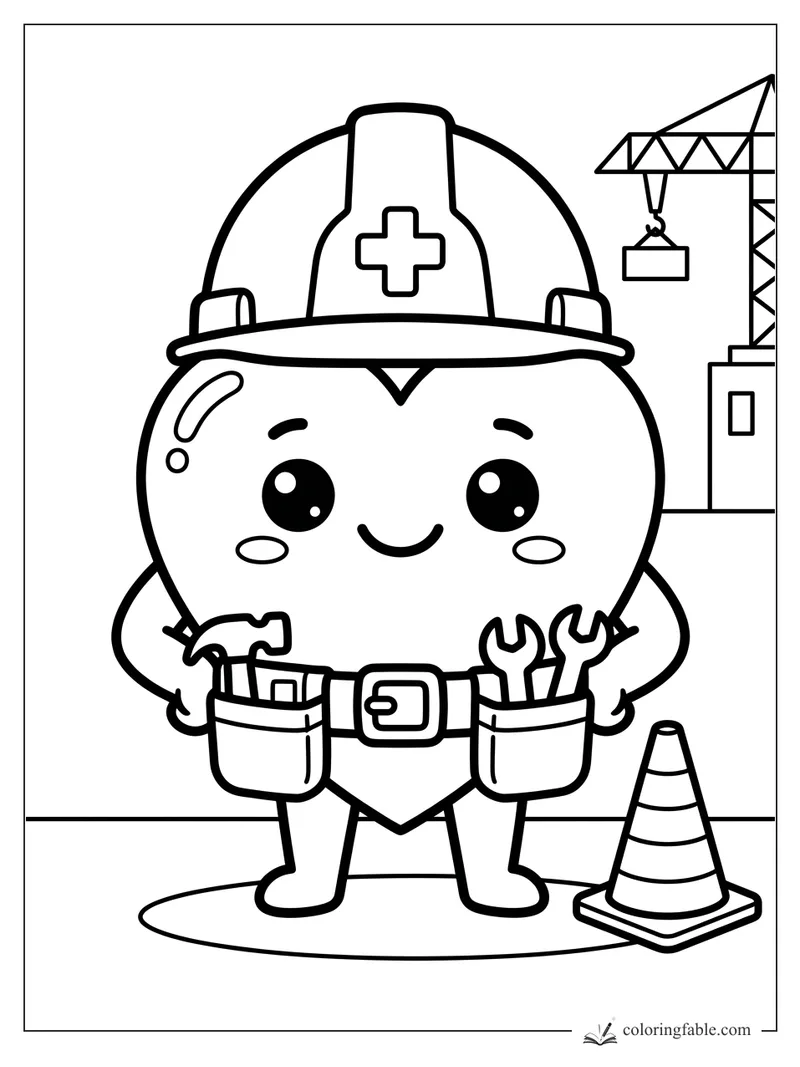 Kawaii heart builder wearing a hard hat, tool belt, and standing by a traffic cone and crane.