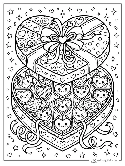 Kawaii heart-shaped chocolate box with smiling candies, bow, hearts, stars, and confetti