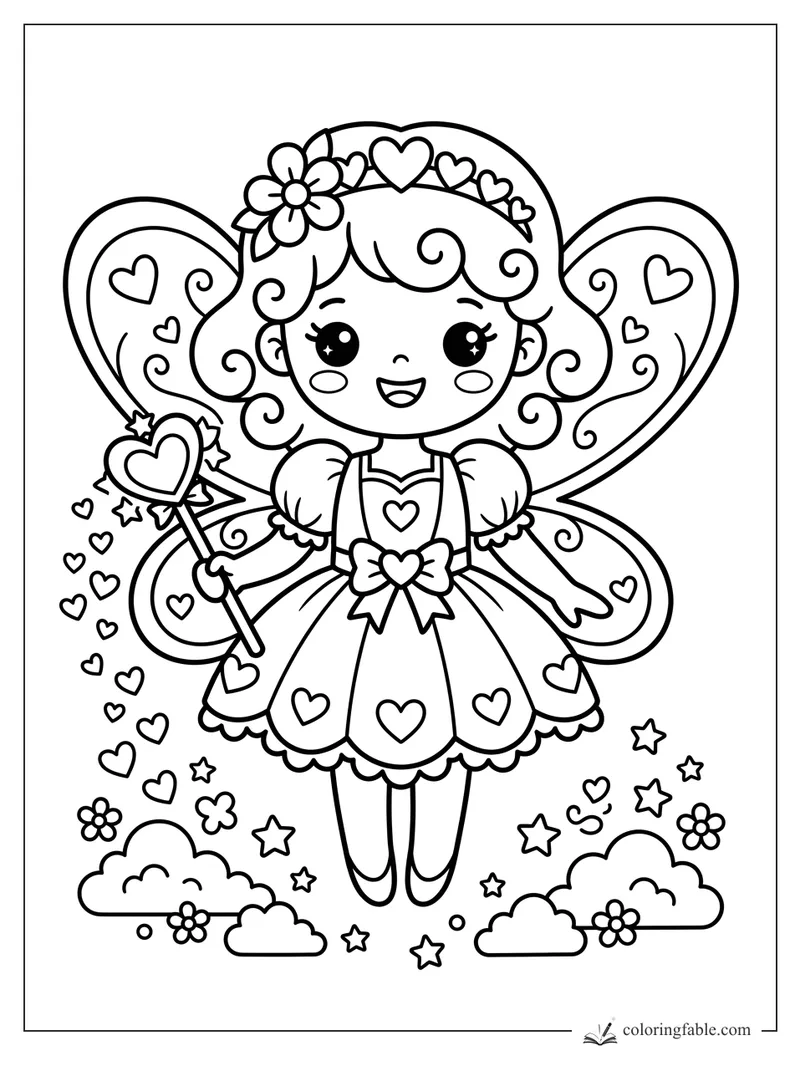 Kawaii fairy with heart wings, flower crown, heart wand, bow dress, clouds, stars, and floating hearts
