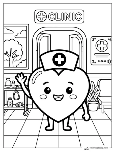 Kawaii heart nurse waving in a clinic with medical cart, plant, chair, window, and clinic sign.