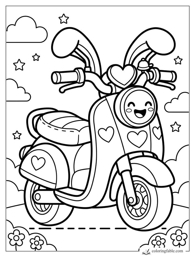 Kawaii scooter coloring page with heart decals, smiling headlight, bell, stars, clouds, and flowers.