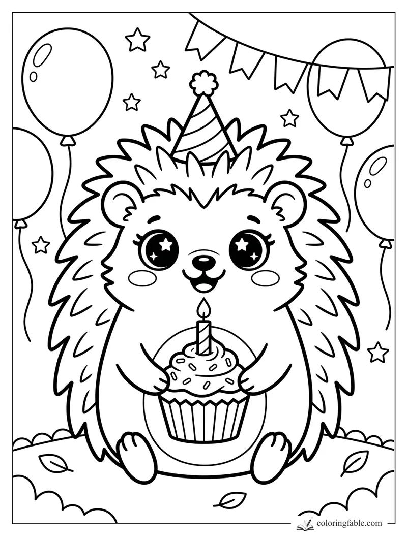 Kawaii hedgehog holding a birthday cupcake with balloons, bunting, stars, and a party hat.