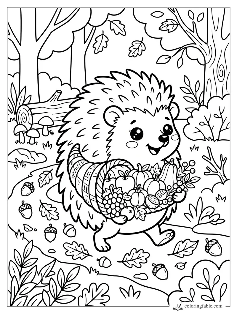 Kawaii hedgehog carrying a cornucopia of pumpkins, grapes, apples, and acorns through a fall forest