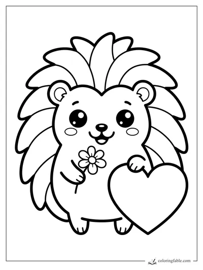 Kawaii hedgehog with leafy spikes holding a daisy and a large heart coloring page