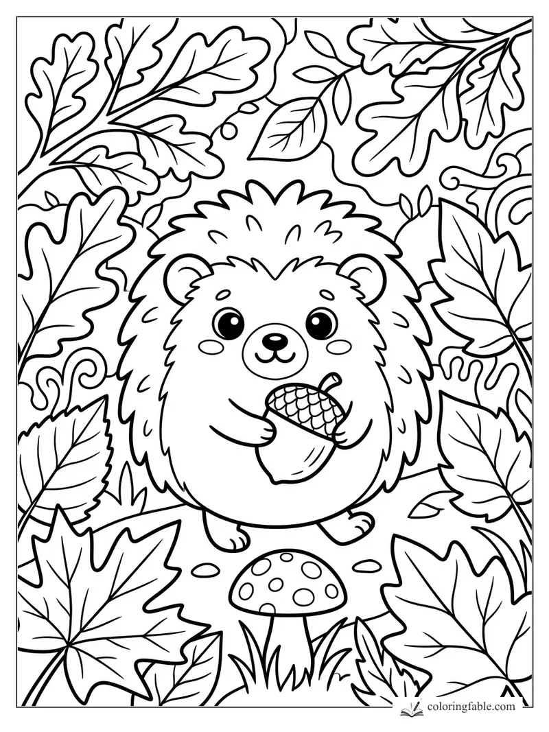 Kawaii hedgehog holding an acorn among fall leaves and a spotted mushroom coloring page