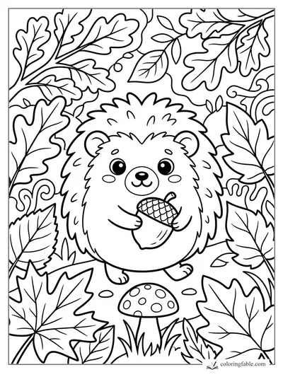 Kawaii hedgehog holding an acorn among fall leaves and a spotted mushroom coloring page