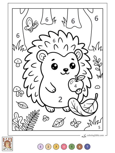 Kawaii Hedgehog with an Apple in the Woods — color by number