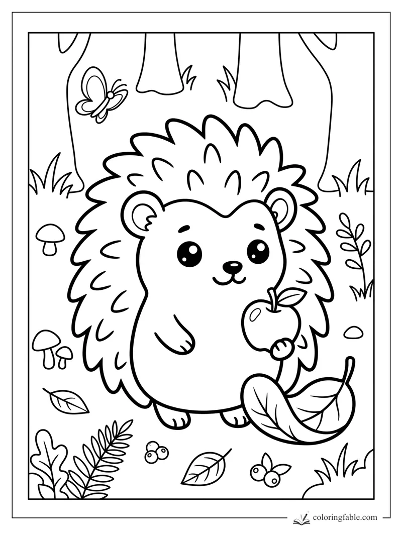 Cute kawaii hedgehog holding an apple among mushrooms, leaves, berries, trees, and a butterfly.
