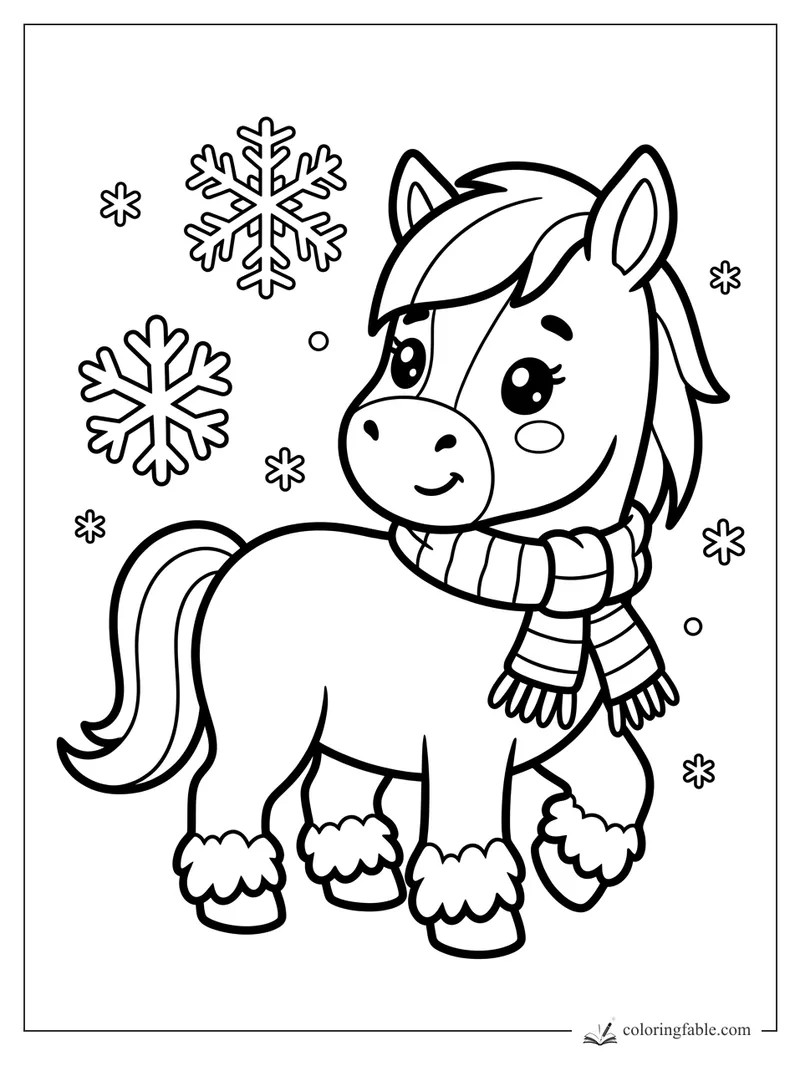 Kawaii horse with a striped scarf, fluffy hoof cuffs, and falling snowflakes