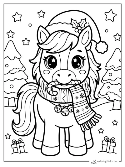 Kawaii horse wearing a Santa hat and patterned scarf among snowy trees, stars, bells, and gifts.