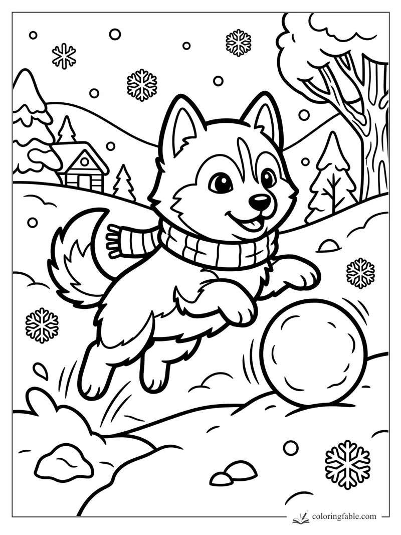 Kawaii husky in a scarf jumps after a snowball in a snowy forest with cabin, trees, and snowflakes.
