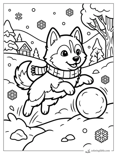 Kawaii husky in a scarf jumps after a snowball in a snowy forest with cabin, trees, and snowflakes.