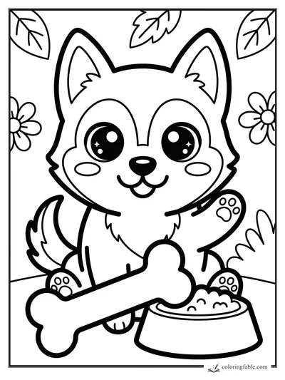 Kawaii husky puppy with sparkling eyes, raised paw, big bone, food bowl, leaves, and daisies.