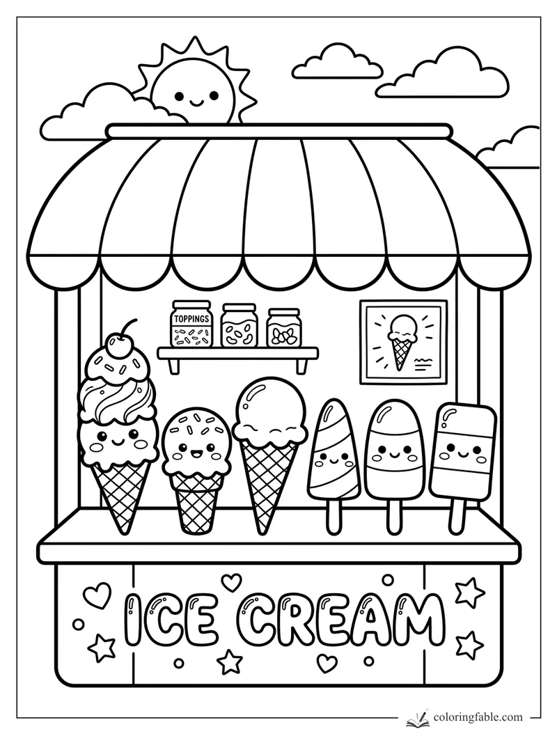 Kawaii ice cream cart with smiling cones, popsicles, topping jars, clouds, and a sun behind the awning.
