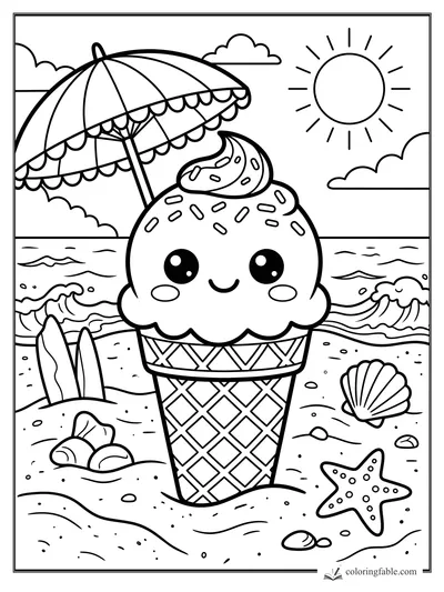 Kawaii ice cream cone under a beach umbrella with waves, sun, shells, surfboards, and starfish