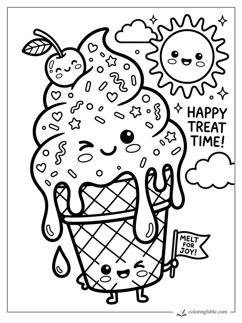 Kawaii ice cream cone with sprinkles, cherry, smiling sun, clouds, and “Happy Treat Time” text.