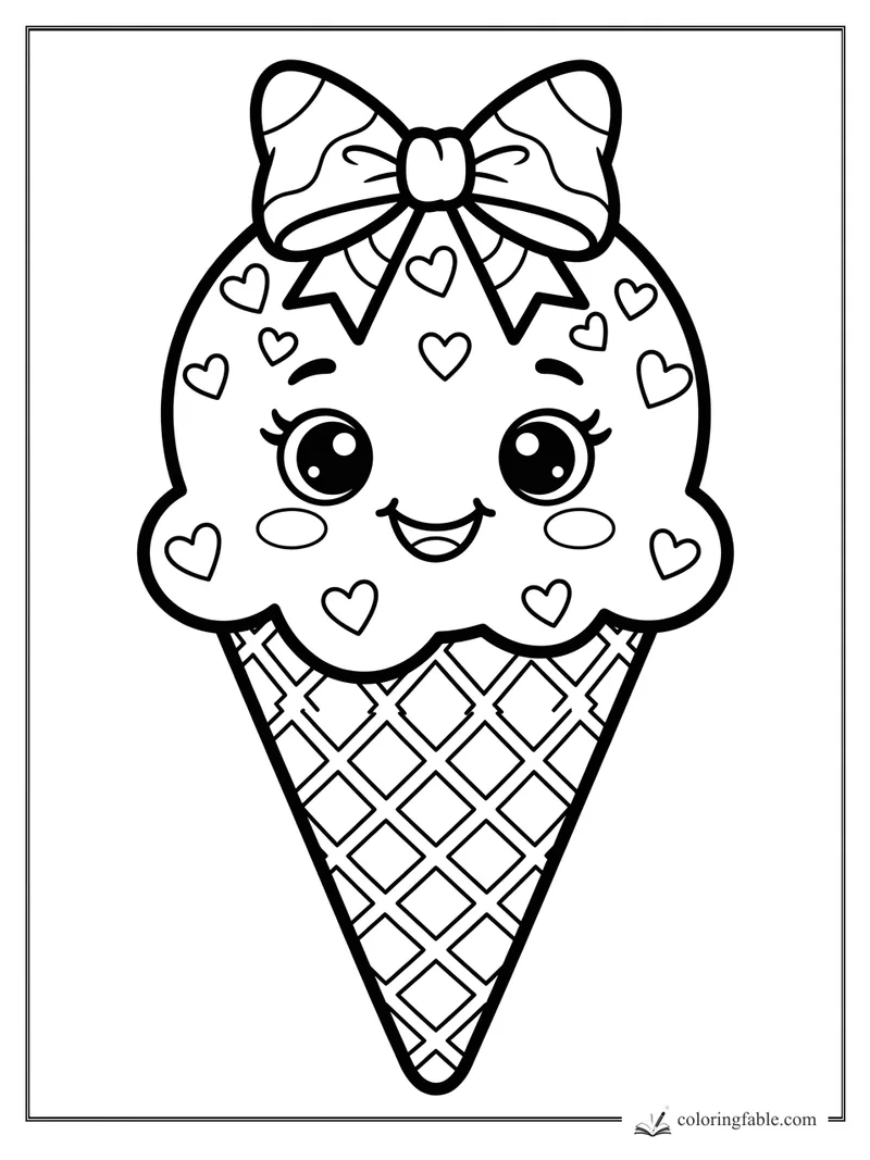 Kawaii ice cream cone with big bow, heart sprinkles, smiling face, and waffle cone pattern